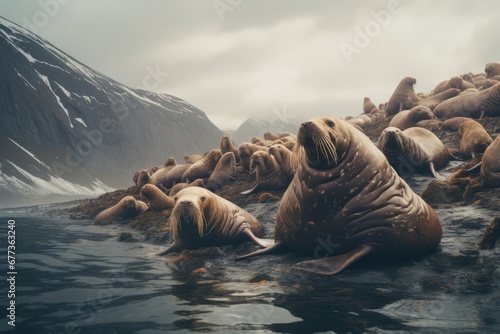 a walrus colony on ice far north in the arctic sea