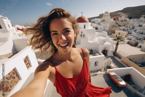 A young girl in red taking selfie during her trip in Santorini with happy face. Vacation travel concept.