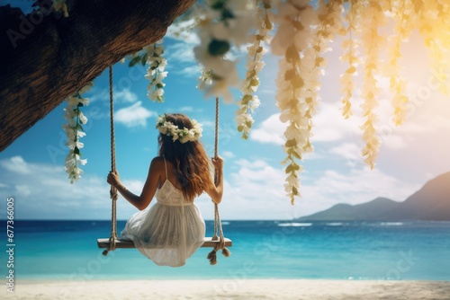 A graceful lady in long skirt on a swing by a beautiful sandy beach. Summer tropical vacation concept.