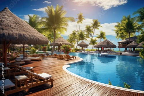 Luxury hotel and resort at sea beach in tropical sea.