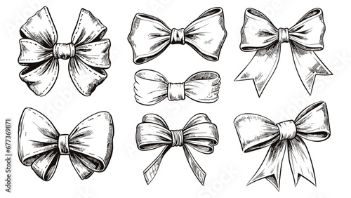 Gift bows isolated clipart. Sketch bow for present box, gifts pack. Decorative packaging elements for christmas and birthday, vector set