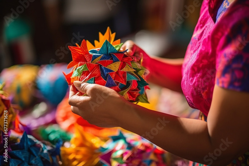 A close-up of hands crafting colorful piñatas with intricate designs, showcasing the artistry behind traditional Mexican decorations, creativity with copy space