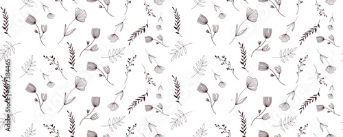 leaves silhouettes seamless pattern. Plant motif with branch silhouettes, decorative brush twigs. line art