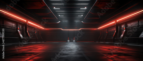 Modern garage background, futuristic warehouse with red neon lighting. Minimalist design of dark empty room, panorama of hallway interior. Concept of hangar, industry, hall, spaceship