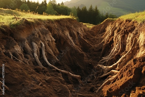 Eroded soil on a hillside, with exposed roots and loose dirt