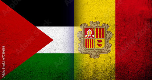 Flag of Palestine and The Principality of the Valley of Andorra national flag. Grunge background