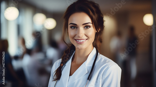 Female doctor or nurse standing confidently and smiling in front of a medical training class background,