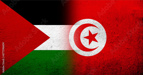 Flag of Palestine and The Republic of Tunisia National flag. Grunge background