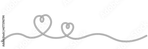 outline Two hearts rope continuous line art.double heart couple icon