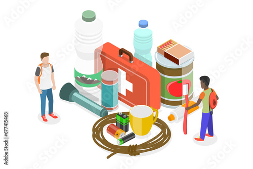 3D Isometric Flat Conceptual Illustration of Emergency Kit, Disaster-preventive Items Set