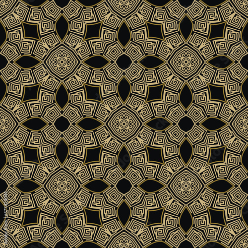 Greek key meanders floral seamless pattern. Modern patterned vector background. Repeat tribal ethnic backdrop. Golden ancient ornaments with ancient greece symbols, signs, flowers. Endless texture