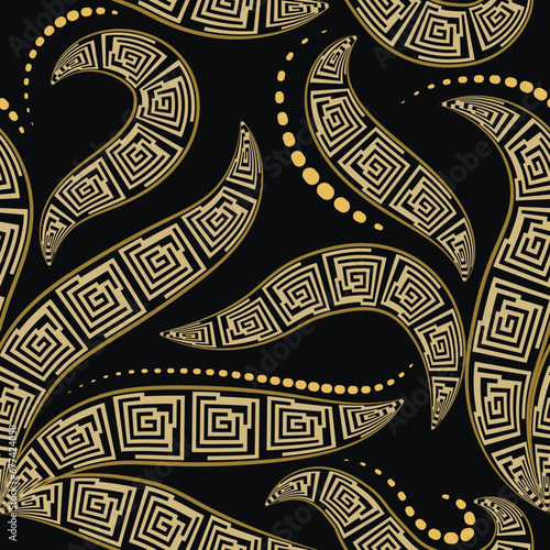 Greek key meanders floral hand drawn seamless pattern. Modern patterned vector background. Golden ornaments with ancient greece symbols, signs, flowers, leaves, dotted lines. Endless ornate texture