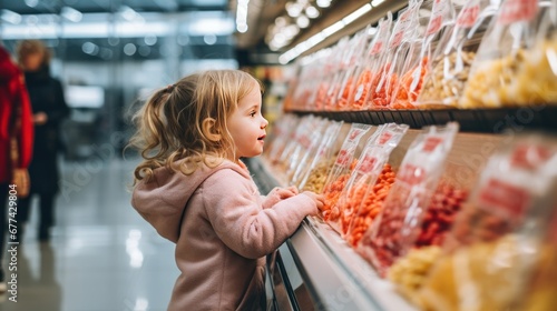 Mother and daughter are buying frozen pasta in the supermarket