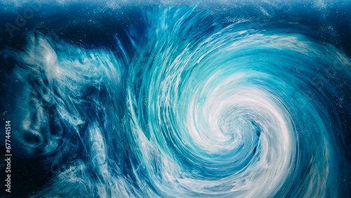 Ink swirl background. Ocean wave. Blue white cerulean glitter vapor vortex abstract sea whirlpool illusion magic water spiral captivating art.