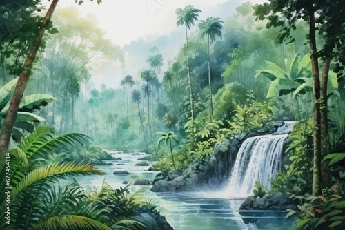 Watercolor illustration of the river with waterfall in rainforest