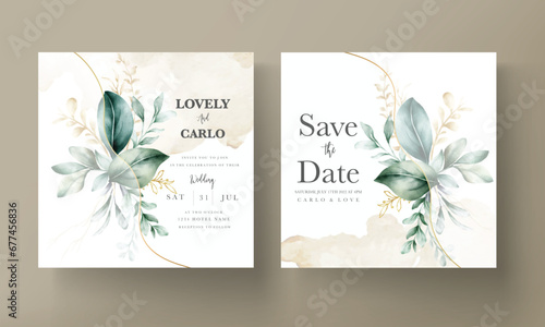 Floral engagement invitation template with leaves watercolor