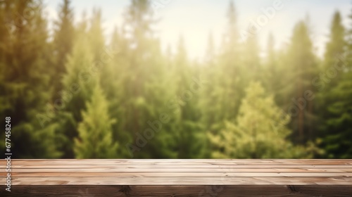The empty wooden table, Beautiful blurred boreal forest background