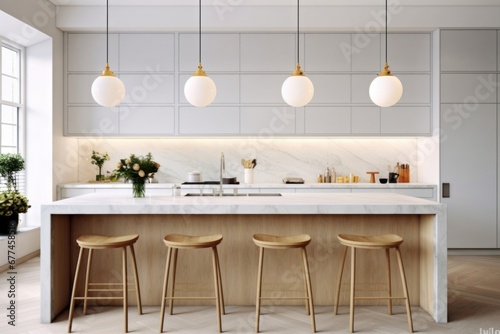 White scandinavian interior design of kitchen with marble island and wooden stools. Generative AI