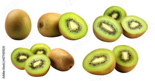 Kiwi fruit isolated. Set of whole and sliced kiwi isolated on transparent background - Generative AI
