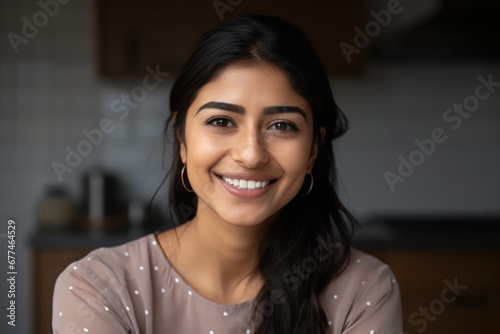 Smiling beautiful young woman sitting at her home kitchen looking at the camera