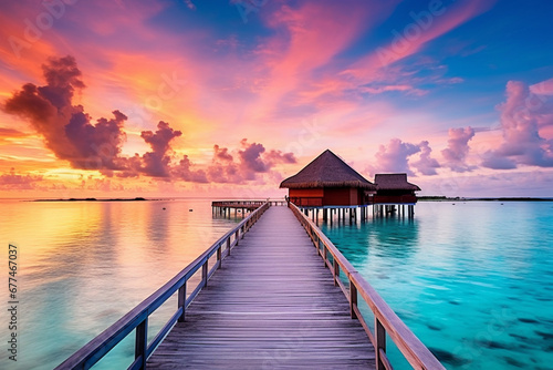 Sunset at a wooden pier and opulent water villa resort on the Maldives island Gorgeous beach, sky, and clouds as a backdrop for a summer trip and travel idea 