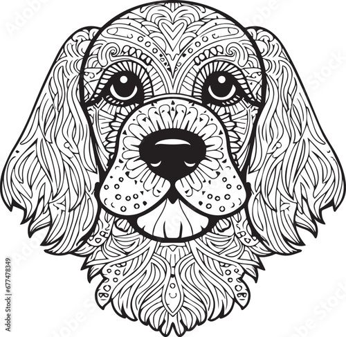 Mandala dog coloring book page design. Creative dog line art sketch. 