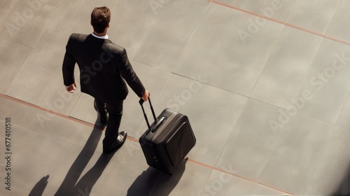 aerial topview businesman walking with suitcase luggage walking in airport terminal walkway outdoor daytime business transporation ideas concept