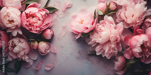 flat lay, pink peony flowers on a pink background with space for text. feminine design, flower wall.