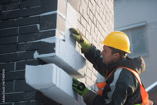 A construction worker insulates a building with styrofoam, Installation of polystyrene on the facade of the building