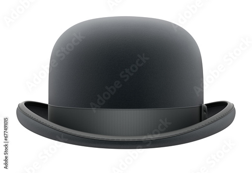 Front view of black bowler hat isolated on white background - 3D illustration