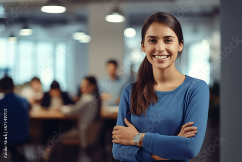 Business woman, designer and portrait of happy employee working, arms crossed and marketing agency, startup and creative company, Smile, happiness and young employee internship at advertising agency