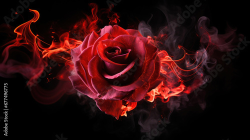 Red rose wrapped in smoke swirl on black background