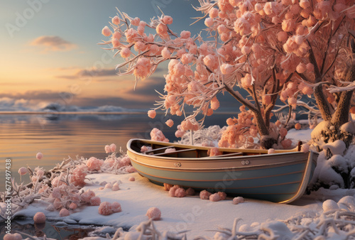 Boat moored at a snow-covered tree and on a sea, lake, river coast, shore. Christmas greeting card with test copy space