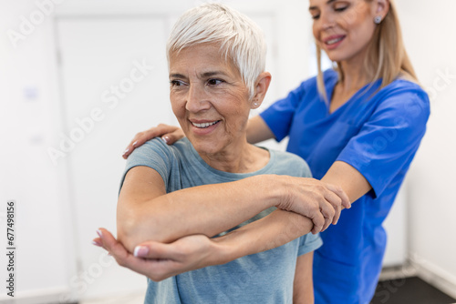 Professional therapists is stretching muscles, senior patient with abnormal muscular symptoms, physical rehabilitation therapies and treatment of physiological disorders by physiotherapists concept.