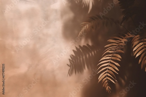 Close up of soft and beautiful foliage dappled light of tropical tree leaf shadow on grunge clay dark brown wall for luxury product display, interior design decoration background, Generative AI