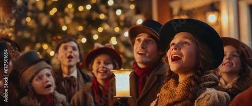 Carolers in Christmas Eve holding candles, singing melodious Christmas carols in front of a beautifully adorned tree, encapsulating the spirit of Christmas.