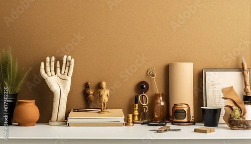 Vintage workspace with wooden hand. Creative desk, supplies. Mockup, Generative AI