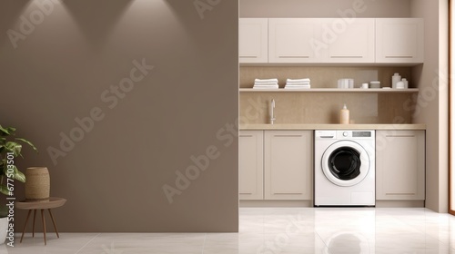 Blank beige brown wall with arch doorway to laundry room, modern design kitchen with counter, utility room with washing machine, shelf and square tile, Generative AI