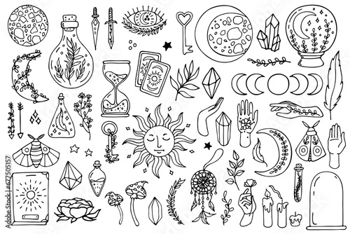 Set of doodle esoteric symbols. Magical, occult, spiritual illustrations with sun, moon, flowers, eyes, hands, moth, hourglass. Line art vector collection