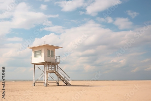 Lifeguard tower on the sand of Deauville beach in panorama with cloud sky
