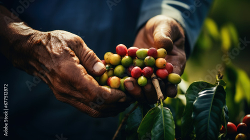 Close-up of hands of senior farmer picking coffee beans from coffee tree