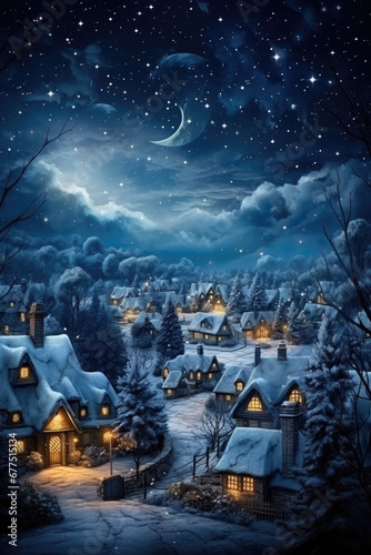Christmas Eve. Beautiful Christmas background with fairy tale houses.Snowy town at holiday eve. Lights from the windows are on in the houses. Festive background, Christmas card.