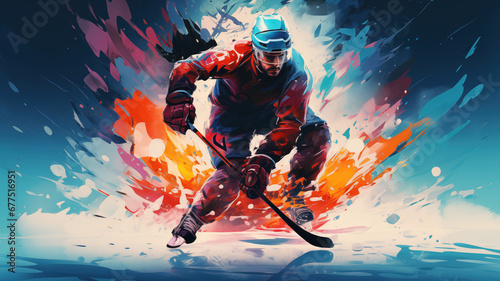 Ice hockey player in the style of bright geometric abstractions by Generative AI