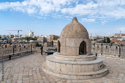 The cupola in the middle of the roof of the Church of Holy Sepulchre, admits light to St Helena s crypt and dome Ethiopian Monastery in Jerusalem, Israel