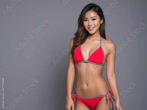 Asian woman in bikini over gray background
