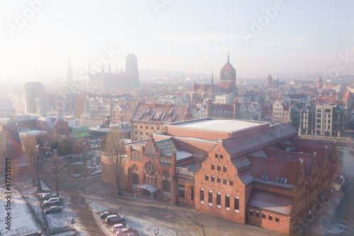 2022-12-15. Aerial view of the old town in winter in Gdansk, Poland