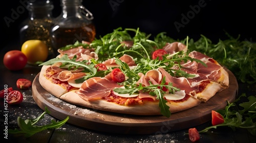 Sliced pizza with prosciutto (parma ham), arugula (salad rocket) and parmesan on dark wooden background close up. Italian cuisine.