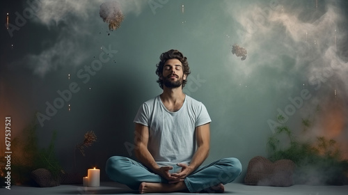 Collage photo of calm peaceful man that is sitting and relaxing against wall and with smoke