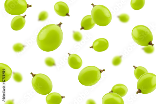 Falling green Grape, isolated on white background, selective focus
