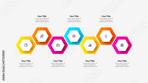 Seven hexagons for business presentation. Infographic elements. Business concept with 7 options. Timeline business development process